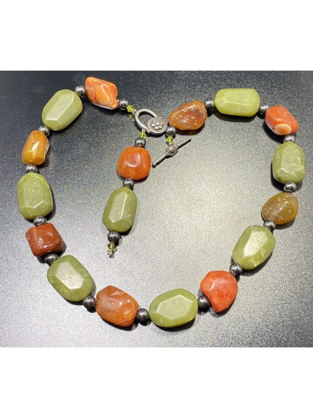 925 Multi Gemstone Toggle Necklace Floral Closure Agate Carnelian Beaded